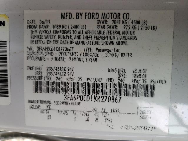 3FA6P0CD1KR270867 - 2019 FORD FUSION SEL WHITE photo 12