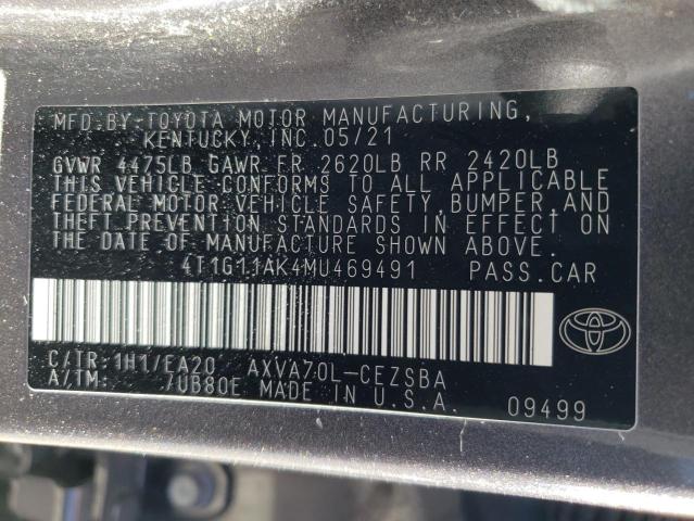 4T1G11AK4MU469491 - 2021 TOYOTA CAMRY SE GRAY photo 12