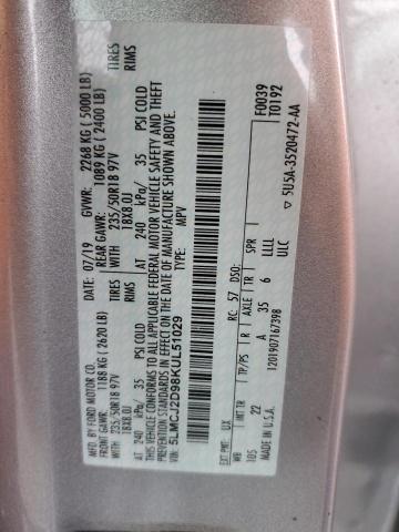 5LMCJ2D98KUL51029 - 2019 LINCOLN MKC SELECT Արծաթագույն լուսանկար 12