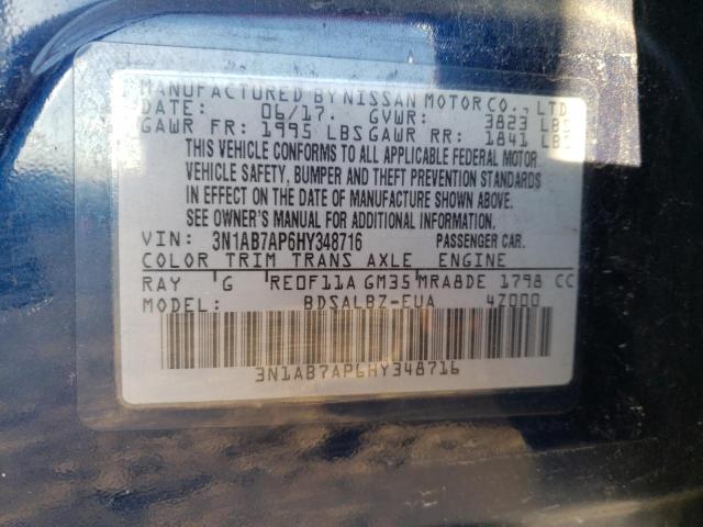 3N1AB7AP6HY348716 - 2017 NISSAN SENTRA S BLUE photo 13