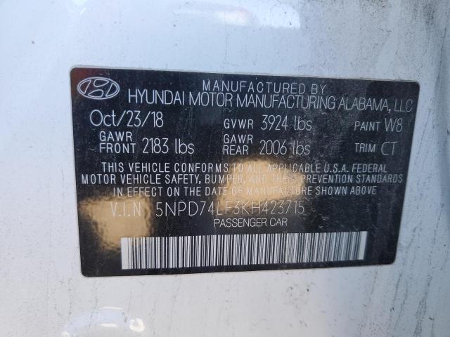 5NPD74LF3KH423715 - 2019 HYUNDAI ELANTRA SE WHITE photo 12