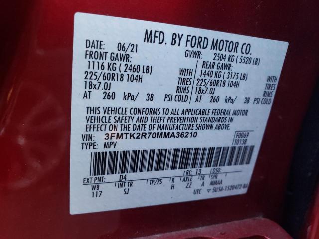 3FMTK2R70MMA36210 - 2021 FORD MUSTANG MA CALIFORNIA ROUTE 1 RED photo 12