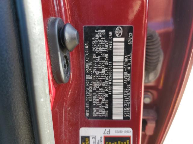 4T1BF1FK2GU601611 - 2016 TOYOTA CAMRY LE RED photo 12