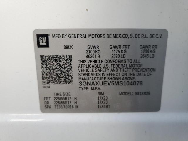 3GNAXUEV5MS104078 - 2021 CHEVROLET EQUINOX LT WHITE photo 13