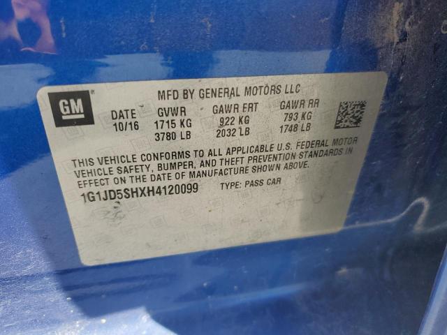 1G1JD5SHXH4120099 - 2017 CHEVROLET SONIC LT BLUE photo 12