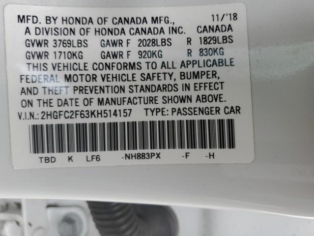 2HGFC2F63KH514157 - 2019 HONDA CIVIC LX WHITE photo 12