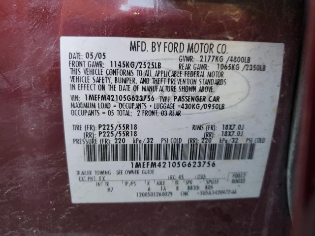 1MEFM42105G623756 - 2005 MERCURY MONTEGO PREMIER MAROON photo 12