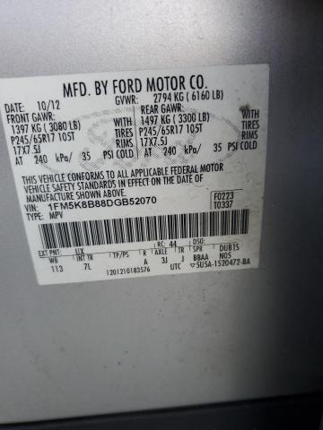 1FM5K8B88DGB52070 - 2013 FORD EXPLORER SILVER photo 13