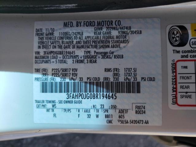 3FAHP0JG0BR194645 - 2011 FORD FUSION SEL WHITE photo 12