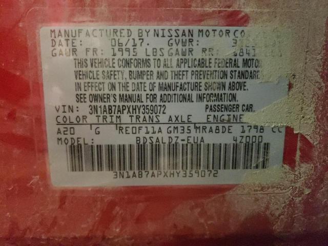 3N1AB7APXHY359072 - 2017 NISSAN SENTRA S RED photo 12