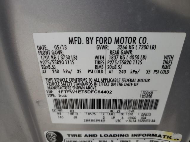 1FTFW1ET5DFC64402 - 2013 FORD F150 SUPERCREW GRAY photo 12