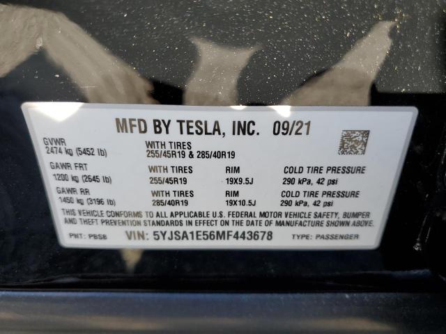 5YJSA1E56MF443678 - 2021 TESLA MODEL S შავი ფოტო 12