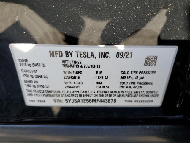 5YJSA1E56MF443678 - 2021 TESLA MODEL S BLACK photo 12