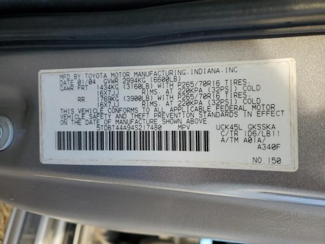 5TDBT44A94S217480 - 2004 TOYOTA SEQUOIA SR5 GRAY photo 13