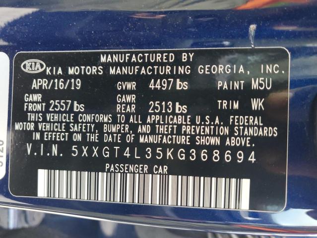 5XXGT4L35KG368694 - 2019 KIA OPTIMA LX BLUE photo 12