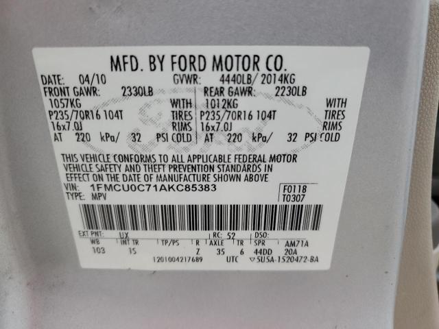 1FMCU0C71AKC85383 - 2010 FORD ESCAPE XLS SILVER photo 13