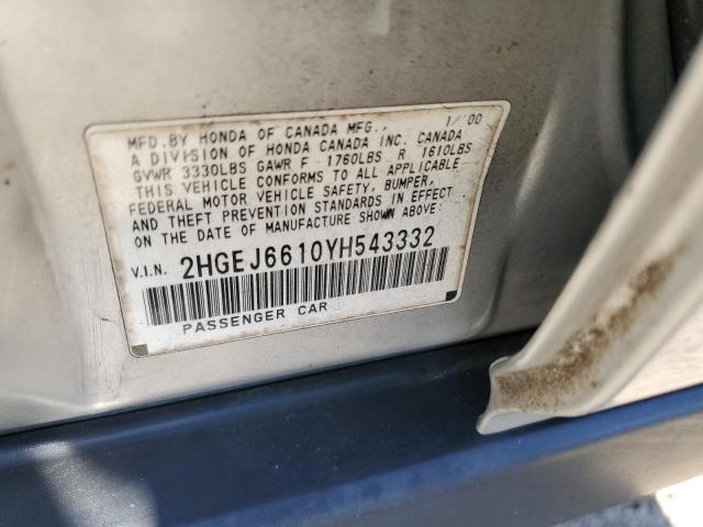 2HGEJ6610YH543332 - 2000 HONDA CIVIC BASE GRAY photo 12