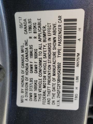 2HGFC2F58HH542892 - 2017 HONDA CIVIC LX GRAY photo 12