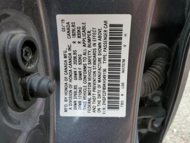 2HGFC2F89KH549156 - 2019 HONDA CIVIC SPORT 灰色 照片 12