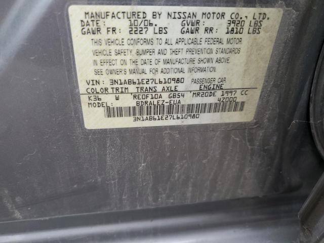 3N1AB61E27L610980 - 2007 NISSAN SENTRA 2.0 GRAY photo 12