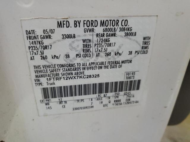 1FTRF12WX7KC28325 - 2007 FORD F150 WHITE photo 12