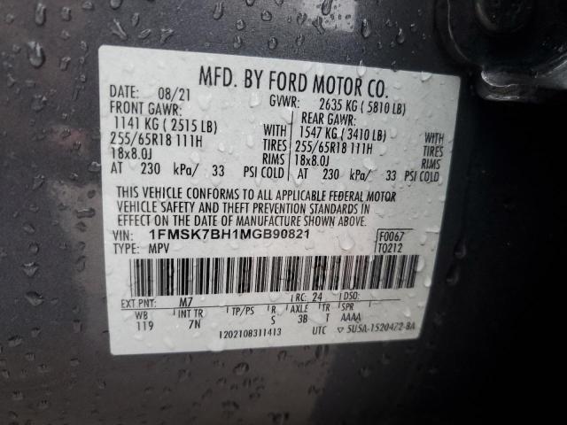 1FMSK7BH1MGB90821 - 2021 FORD EXPLORER GRAY photo 12