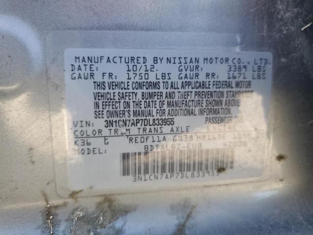 3N1CN7AP7DL833955 - 2013 NISSAN VERSA S GRAY photo 12