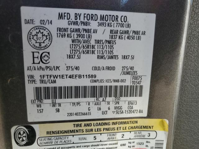 1FTFW1ET4EFB11589 - 2014 FORD F150 SUPERCREW GRAY photo 12