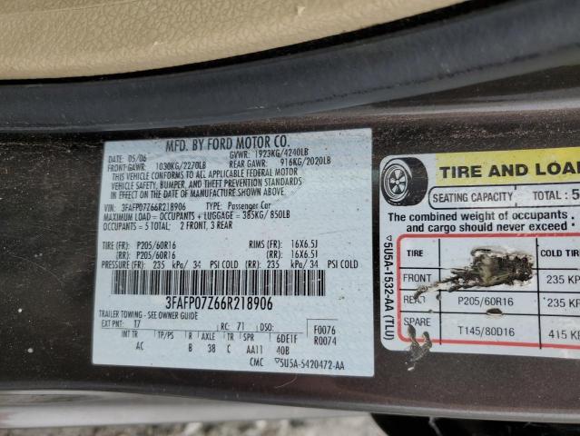 3FAFP07Z66R218906 - 2006 FORD FUSION SE CHARCOAL photo 12