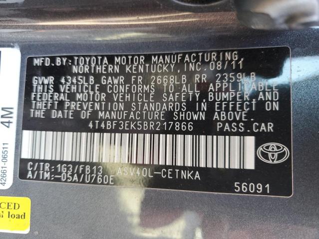 4T4BF3EK5BR217866 - 2011 TOYOTA CAMRY BASE GRAY photo 13