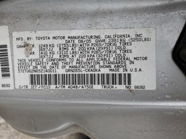 5TETU62N65Z140011 - 2005 TOYOTA TACOMA PRERUNNER ACCESS CAB SILVER photo 12