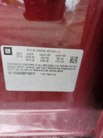 1G11C5SA0GF104017 - 2016 CHEVROLET MALIBU LIM LT მუქწითელი ფოტო 12