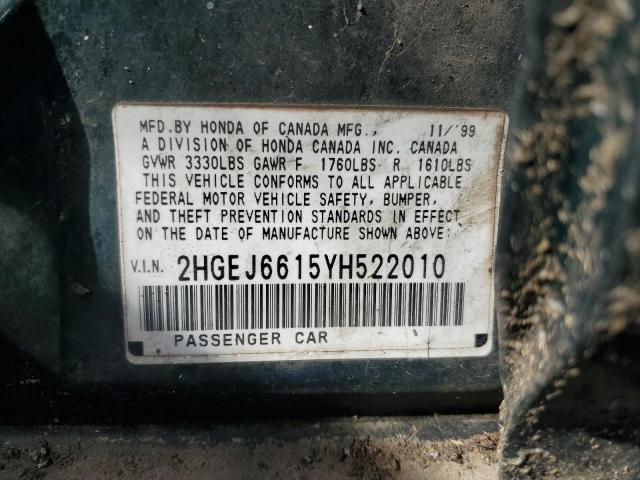 2HGEJ6615YH522010 - 2000 HONDA CIVIC BASE GREEN photo 12
