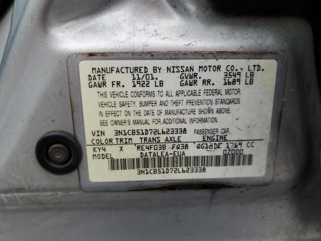 3N1CB51D72L623338 - 2002 NISSAN SENTRA XE SILVER photo 12