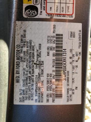 3FAHP0JA5CR411314 - 2012 FORD FUSION SEL GRAY photo 12