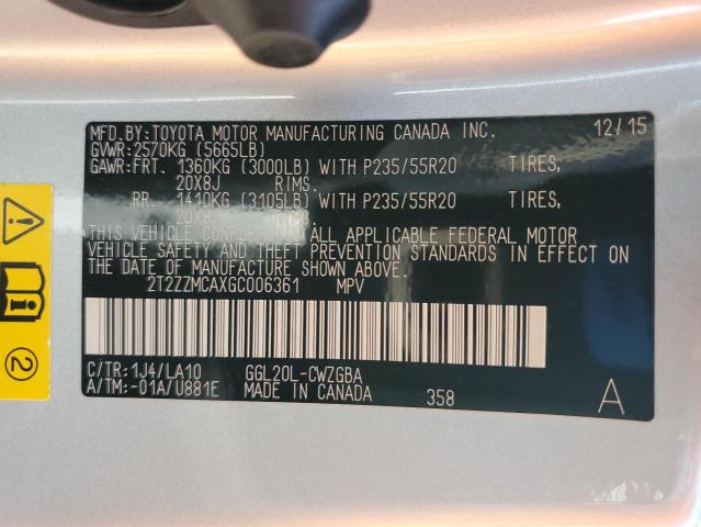 2T2ZZMCAXGC006361 - 2016 LEXUS RX 350 SILVER photo 13