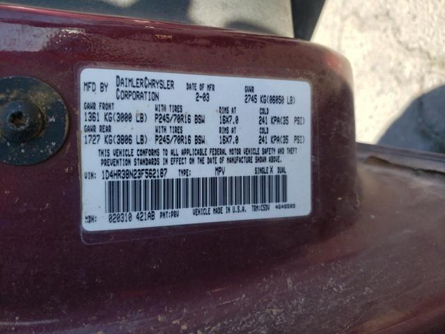 1D4HR38N23F562187 - 2003 DODGE DURANGO SPORT MAROON photo 13