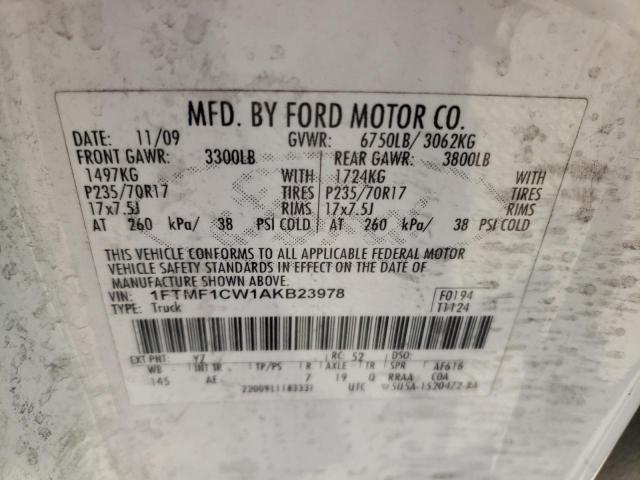 1FTMF1CW1AKB23978 - 2010 FORD F-150 WHITE photo 12