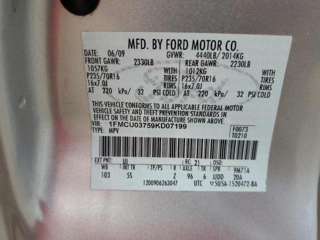 1FMCU03759KD07199 - 2009 FORD ESCAPE XLT SILVER photo 13