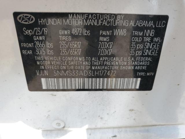 5NMS33AD3LH177472 - 2020 HYUNDAI SANTA FE SEL WHITE photo 13