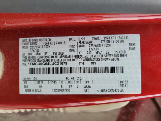 1FMCU0G64LUC31679 - 2020 FORD ESCAPE SE RED photo 13