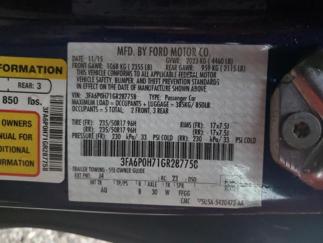 3FA6P0H71GR287758 - 2016 FORD FUSION SE BLUE photo 12