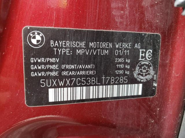 5UXWX7C53BLT78285 - 2011 BMW X3 XDRIVE35I RED photo 13