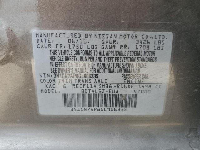 3N1CN7AP8GL906335 - 2016 NISSAN VERSA S GRAY photo 12