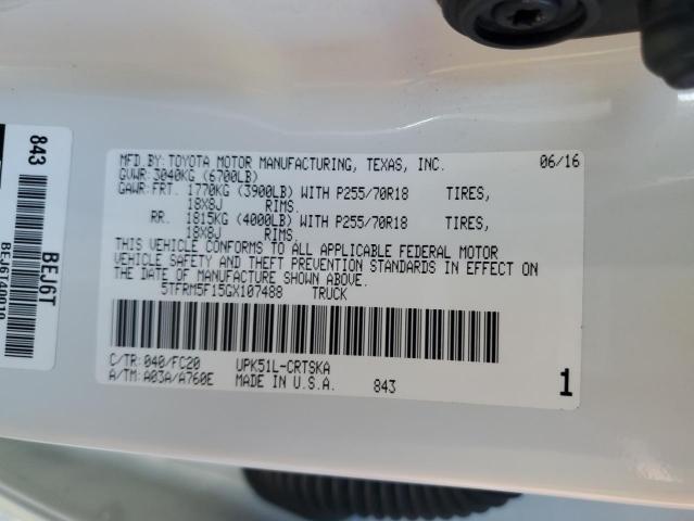 5TFRM5F15GX107488 - 2016 TOYOTA TUNDRA DOUBLE CAB SR/SR5 WHITE photo 12