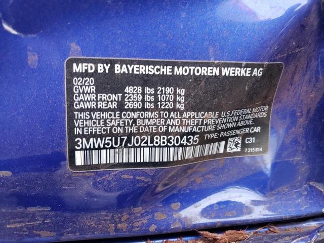 3MW5U7J02L8B30435 - 2020 BMW M340I BLUE photo 12