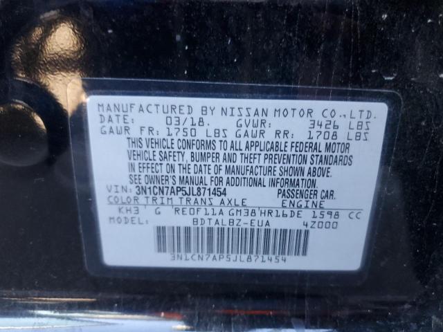 3N1CN7AP5JL871454 - 2018 NISSAN VERSA S BLACK photo 12