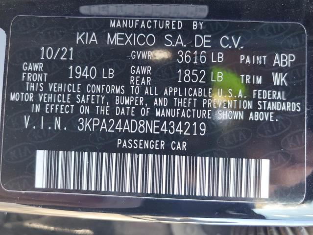 3KPA24AD8NE434219 - 2022 KIA RIO LX BLACK photo 12