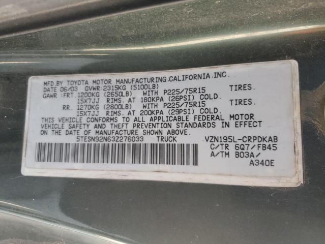 5TESN92N63Z276033 - 2003 TOYOTA TACOMA XTRACAB PRERUNNER 绿色 照片 12