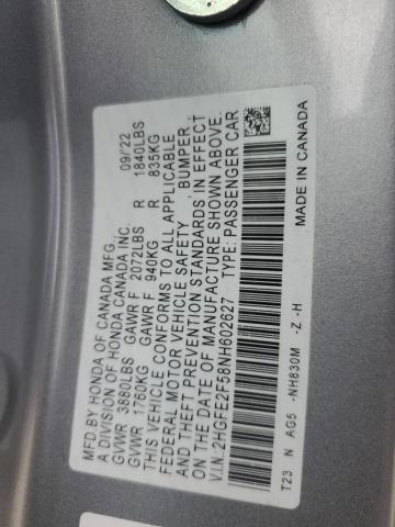 2HGFE2F58NH602627 - 2022 HONDA CIVIC SPORT SILVER photo 12